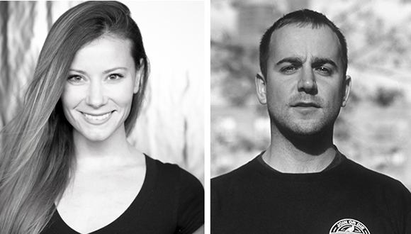 Black and white headshots of a smiling woman and a man looking directly at the camera.