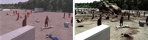 Two side-by-side images of a debris-strewn rooftop, one with red outlines around figures.