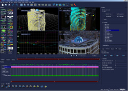 A dark-themed 3D computer-aided design software interface showing building models and data graphs.