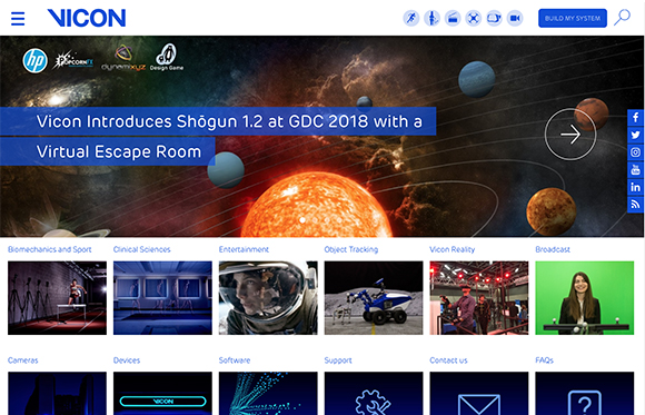 Vicon website banner showing a sun and planets in space above various service categories.