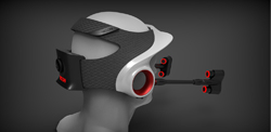 A profile view of a white and black head-mounted device with red accents on a grey mannequin head.