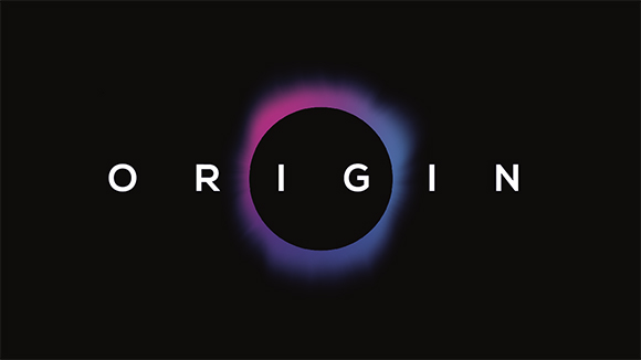 The word ORIGIN in white capital letters with a glowing purple and blue circle behind the letter I and G.