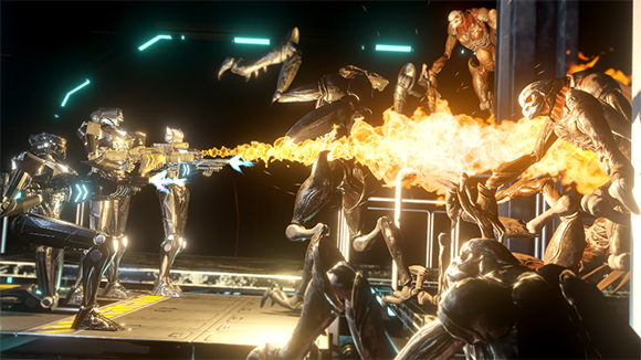 Metallic robots fire a stream of orange flame at dark, insectoid creatures in a futuristic setting.