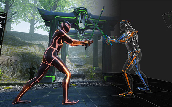Split view showing a glowing 3D character fighting with a sword next to its skeletal motion capture rig.