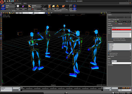 Digital 3D workspace showing several blue wireframe character skeletons in various poses on a grid.