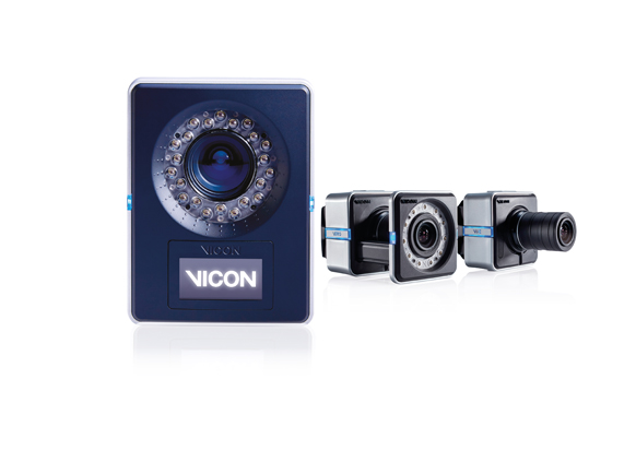 Three Vicon motion capture cameras of varying sizes against a white background.