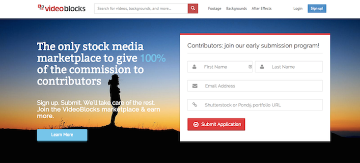 VideoBlocks website promoting a 100% commission program for contributors with a sign-up form.