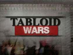 The words TABLOID in black and WARS in white on a red banner over a newspaper background.