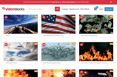 Videoblocks website interface displaying video thumbnails of terrain, an American flag, and falling money.