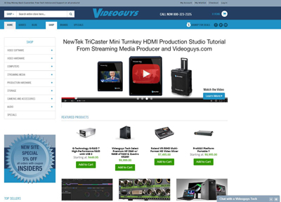 Videoguys.com website showing a NewTek TriCaster Mini tutorial and various featured tech products.