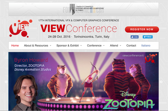 VIEW Conference 2016 website header with a register button and Zootopia characters.