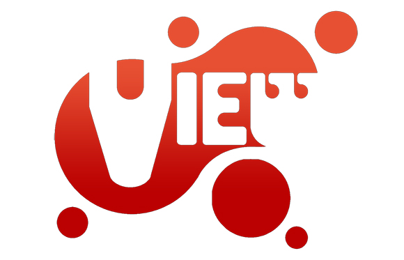 Red abstract shape containing the word VIEW in white stylized letters.