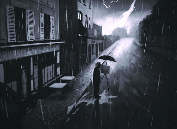 A silhouette of a person painting on an easel under an umbrella during a heavy rainstorm in a dark city street.