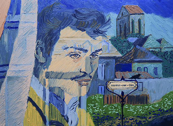 Impressionist painting of a man's face superimposed over a blue-toned village landscape.