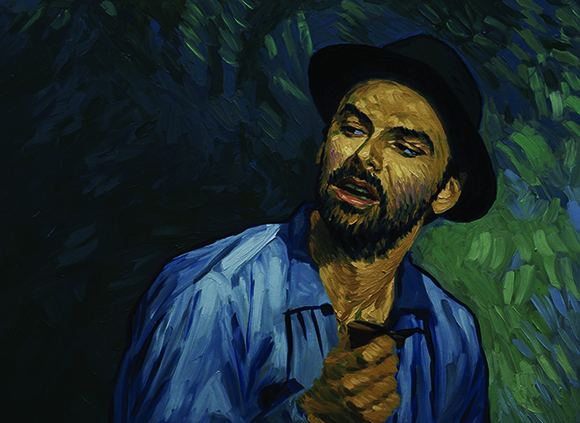 Impressionist oil painting of a bearded man wearing a dark hat and a blue shirt against a dark green background.