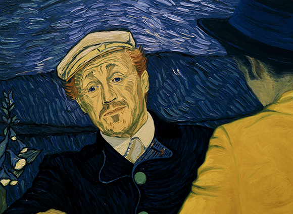 Oil painting of a man in a white cap and dark jacket looking toward another man in a yellow shirt.
