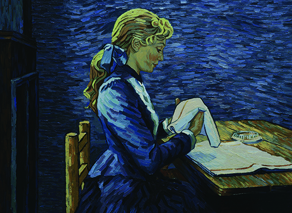 Impressionist oil painting of a blonde woman in a blue dress reading a book at a wooden table.