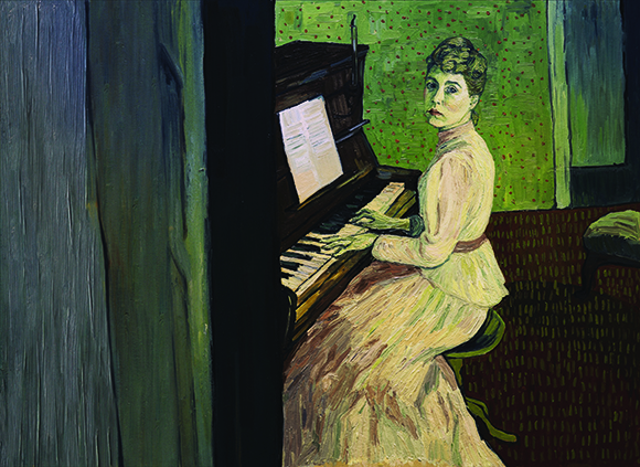 Impressionist oil painting of a woman in a light-colored dress playing a dark upright piano.