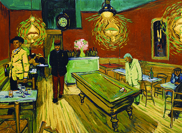 Impressionist oil painting of a cafe interior with people, a billiard table, and glowing lamps.