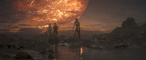 Two people stand on a dark, rocky shoreline under a massive, glowing orange and red planet.