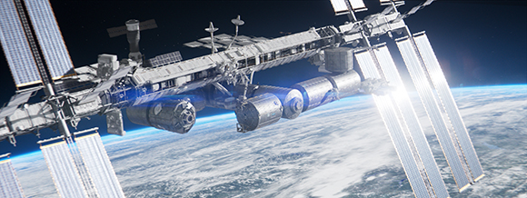 A complex space station with large solar panels orbiting above the clouds of Earth.