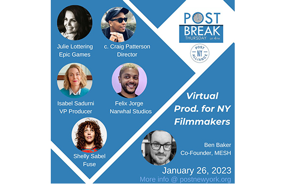 Four headshots of speakers with names, titles, and event details for a virtual production event.