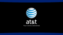 AT&T logo featuring a blue and white globe icon above the company name and slogan.