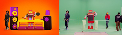 Split screen: left shows colorful 3D animated characters and speakers; right shows the live-action green screen set.