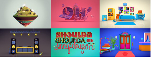 Six colorful 3D digital illustrations featuring a floating island, stylized text, a bedroom, speakers, and a room interior.