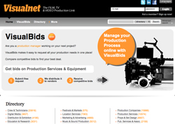 Visualnet website homepage featuring a large orange circle and professional film production equipment.