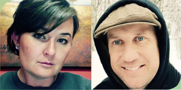 A split image showing a woman with short dark hair on the left and a smiling man in a cap and hoodie on the right.