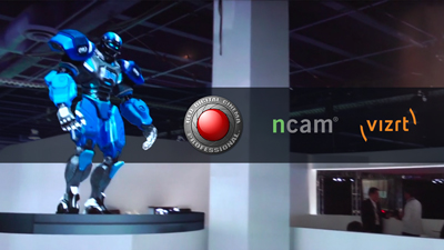 A blue armored robot figure stands next to the ncam and vizrt logos on a dark background.