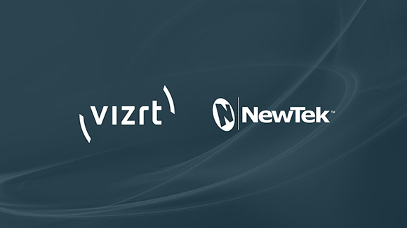 VIZRT and NewTek logos displayed side by side on a dark blue background with subtle light swirls.