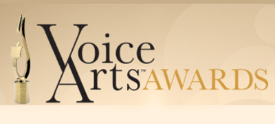 Logo for Voice Arts Awards featuring a gold trophy and stylized text on a tan background.
