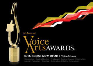 Gold trophy on the left and colorful geometric streaks on a black background for the 1st Annual Voice Arts Awards.