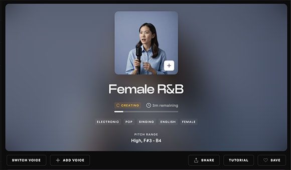 Interface for creating Female R&B music featuring a woman with a microphone and progress bar.