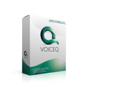 A white software box with a green circular logo and the text VOICEQ.