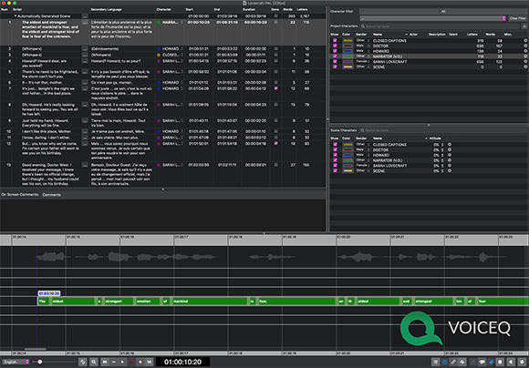 Interface of VoiceQ software showing a multi-track timeline, subtitle text, and waveform displays.