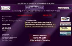 Purple promotional banner for Voiceover Kidz featuring participating schools and award ceremony details.