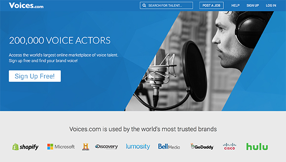 Voices.com homepage with text stating 200,000 voice actors and a man wearing headphones by a microphone.