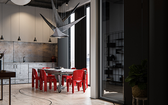 A dining room with a white table, bright red chairs, and a large black geometric chandelier.