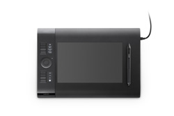 A black digital graphics tablet with a stylus and a connecting cable on a white background.