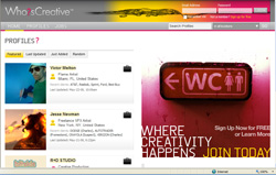 Website interface for Who's Creative showing user profiles and a restroom sign graphic.