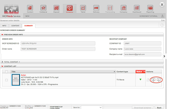Interface of a media screening platform showing order details, recipient company info, and a content list.