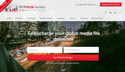 WCPMedia Services website homepage featuring a night cityscape and a sign-up form.