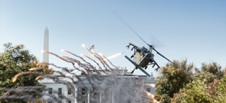 A helicopter flies over the White House with streaks of light from projectiles flying toward it.