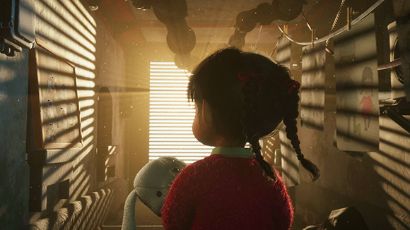 A young girl with dark braids in a red sweater looks toward bright light streaming through slats in a corridor.