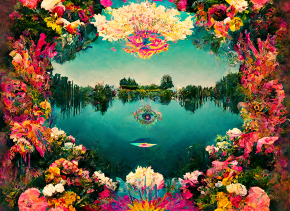 A dreamlike landscape of a blue lake and green trees framed by a dense border of pink, yellow, and white flowers.