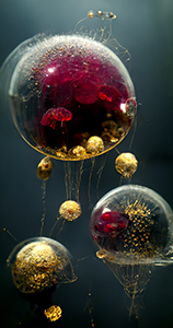 Translucent spheres filled with red and gold organic shapes floating in dark water.