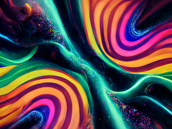 Swirling, psychedelic patterns of neon pink, orange, yellow, and teal flowing through dark space.